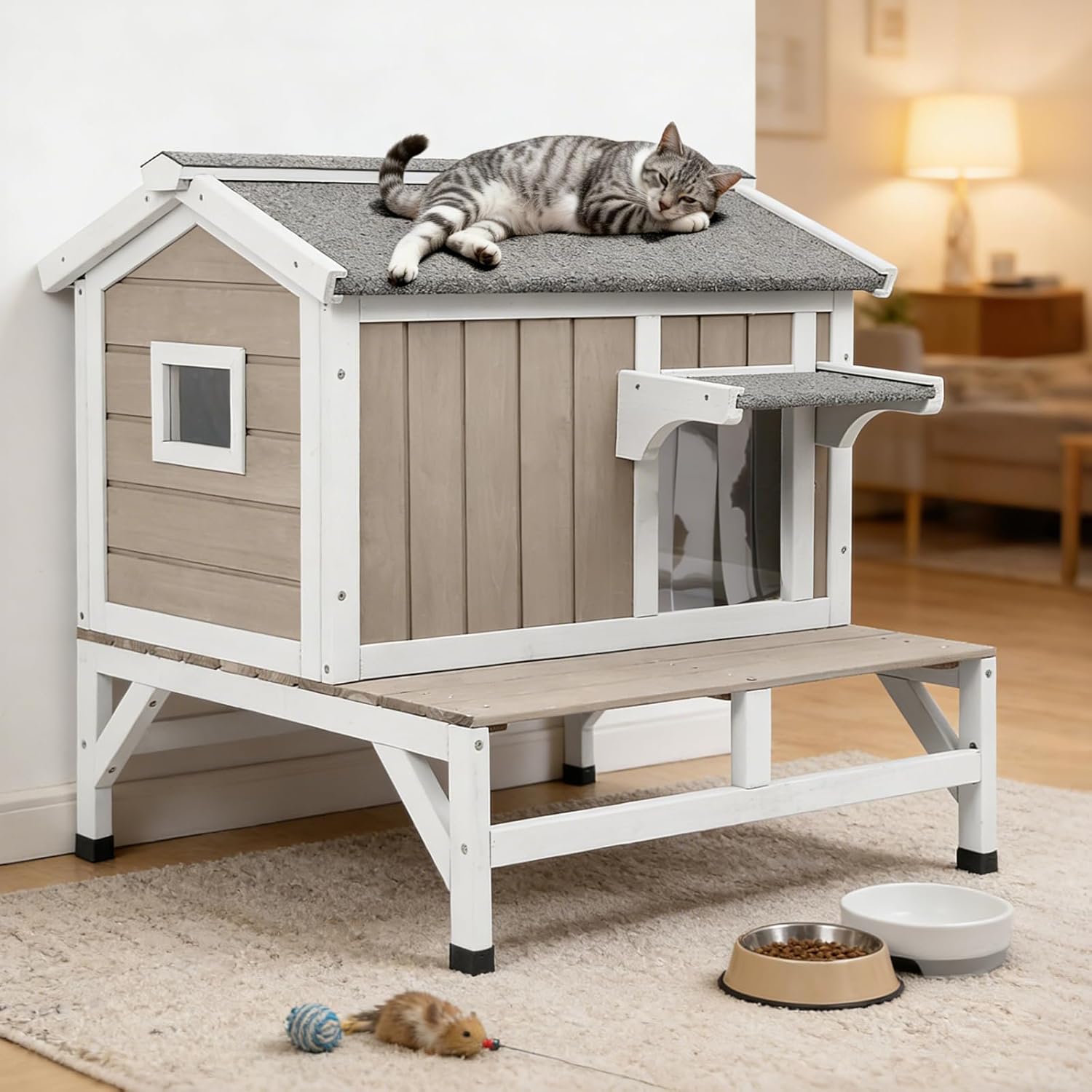 Small Cat House Weatherproof, Wooden Feral Cat House Outdoor with Balcony, Internal Dividers, PVC Curtain Door, Outside Indoor Cats Shelter with Elevated Feet, Openable Roof, Grey