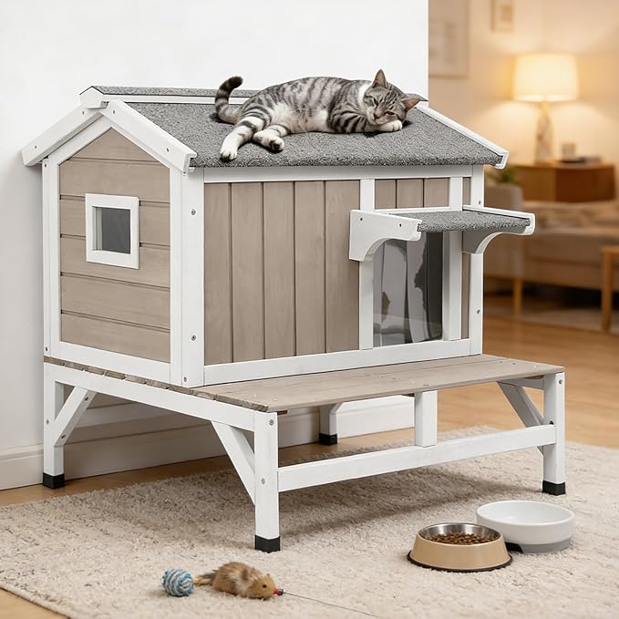 Small Cat House Weatherproof, Wooden Feral Cat House Outdoor with Balcony, Internal Dividers, PVC Curtain Door, Outside Indoor Cats Shelter with Elevated Feet, Openable Roof, Grey