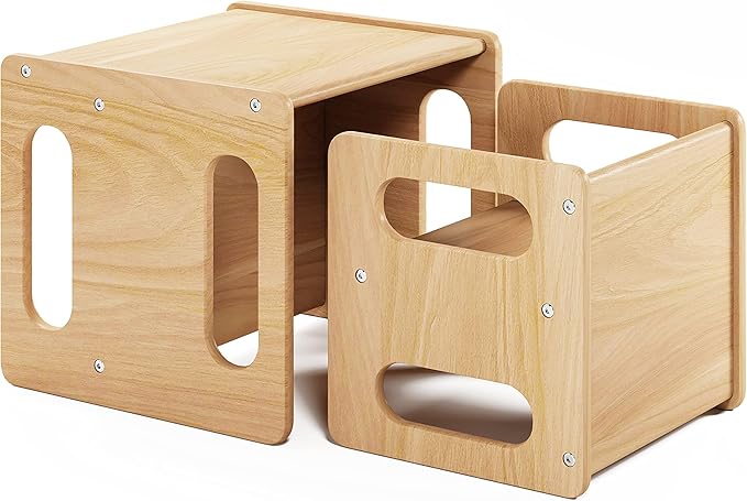 Weaning Table and Chair Set,Real Hardwood, Desk for Toddler Reading,Snack Time,Playroom,Activity Cube,Step Stool,1-3 Year Old Kids Montessori Furniture