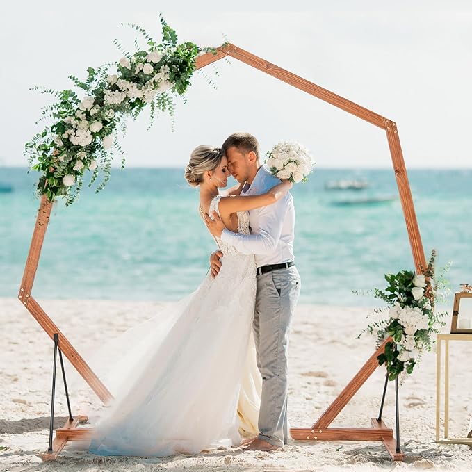 Wooden Wedding Arch for Ceremony, 7 FT Heptagon Solid Wood Arbor for Wedding Backdrop Stand, Rustic Boho Wedding Decoration for Indoor Outdoor Birthday Proposal Party Garden Lawn Beach