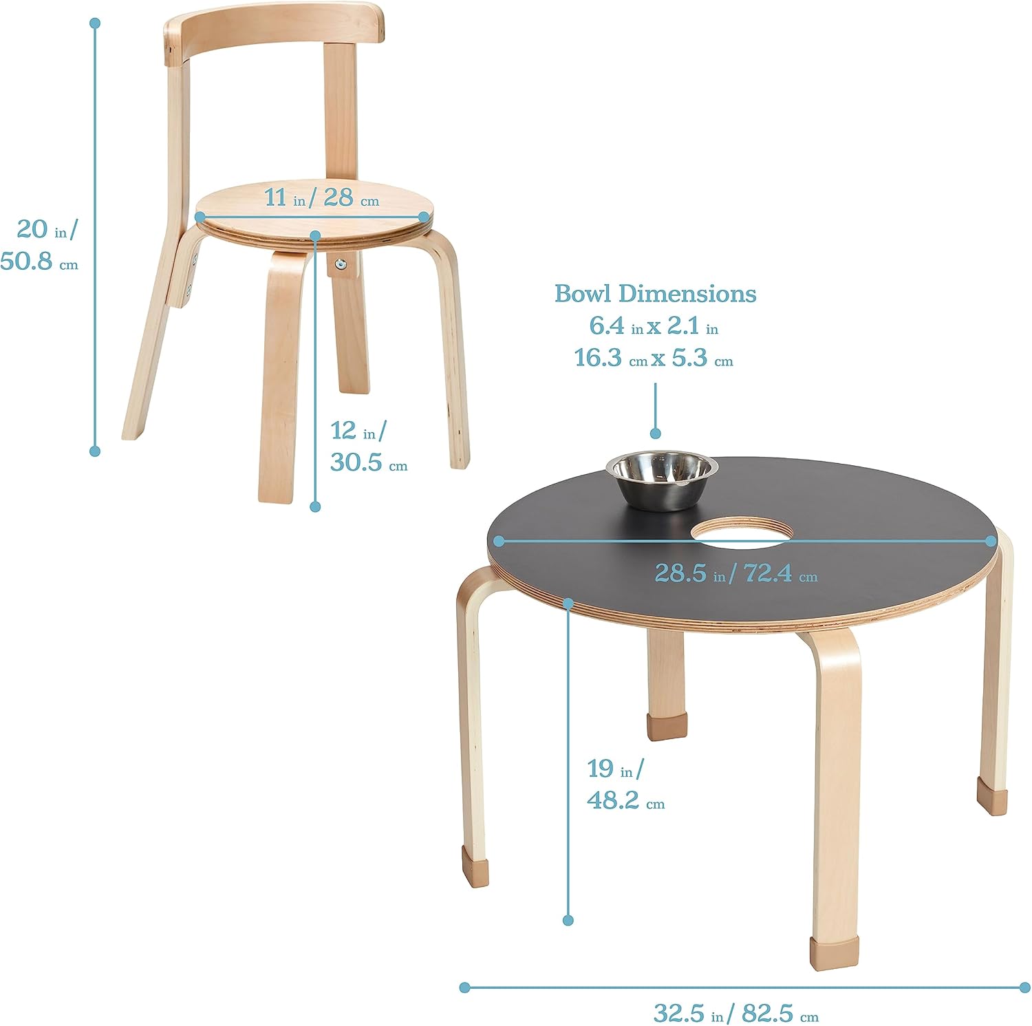 Table and Curved Back Chair Set, Kids Furniture, Natural, 5-Piece