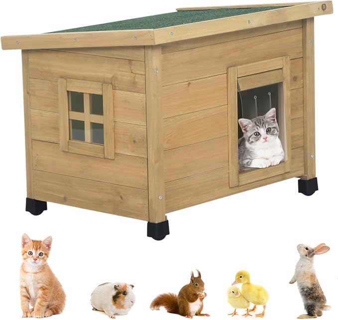 Outdoor Wooden Pet House, Weatherproof Winter Shelter for рuррy and Cats, Elevated Design with Window (Yellow, 22.56 * 17.71 * 16.73Inches)