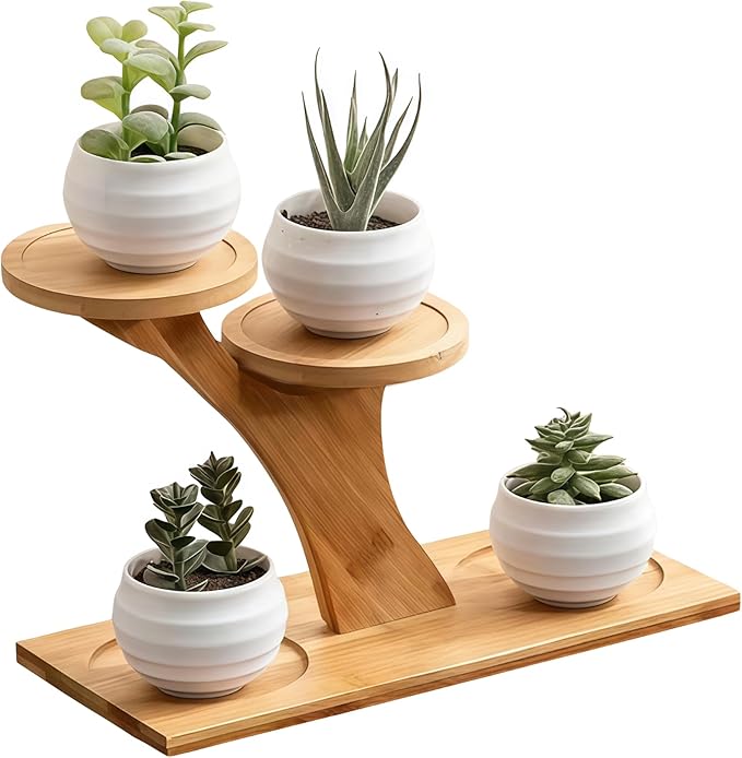 Bamboo Plant Stand - 3 Tier Window Plant Shelf for Indoor Plants | Wooden Flower Stand & Tabletop Plant Holder for Windowsills