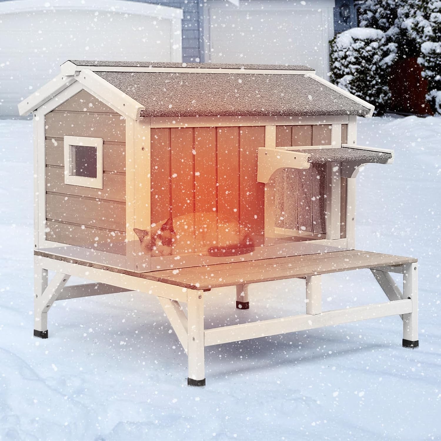 Small Cat House Weatherproof, Wooden Feral Cat House Outdoor with Balcony, Internal Dividers, PVC Curtain Door, Outside Indoor Cats Shelter with Elevated Feet, Openable Roof, Grey