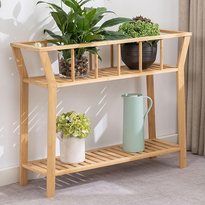 Bamboo Plant Stand Indoor 37.4"x11" 2 Tier Tall Plant Table Shelf Flower Pot Organizer Holder, Sofa Entryway Table for Window-sill Living Room Balcony