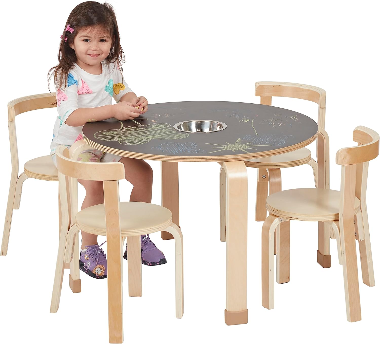 Table and Curved Back Chair Set, Kids Furniture, Natural, 5-Piece