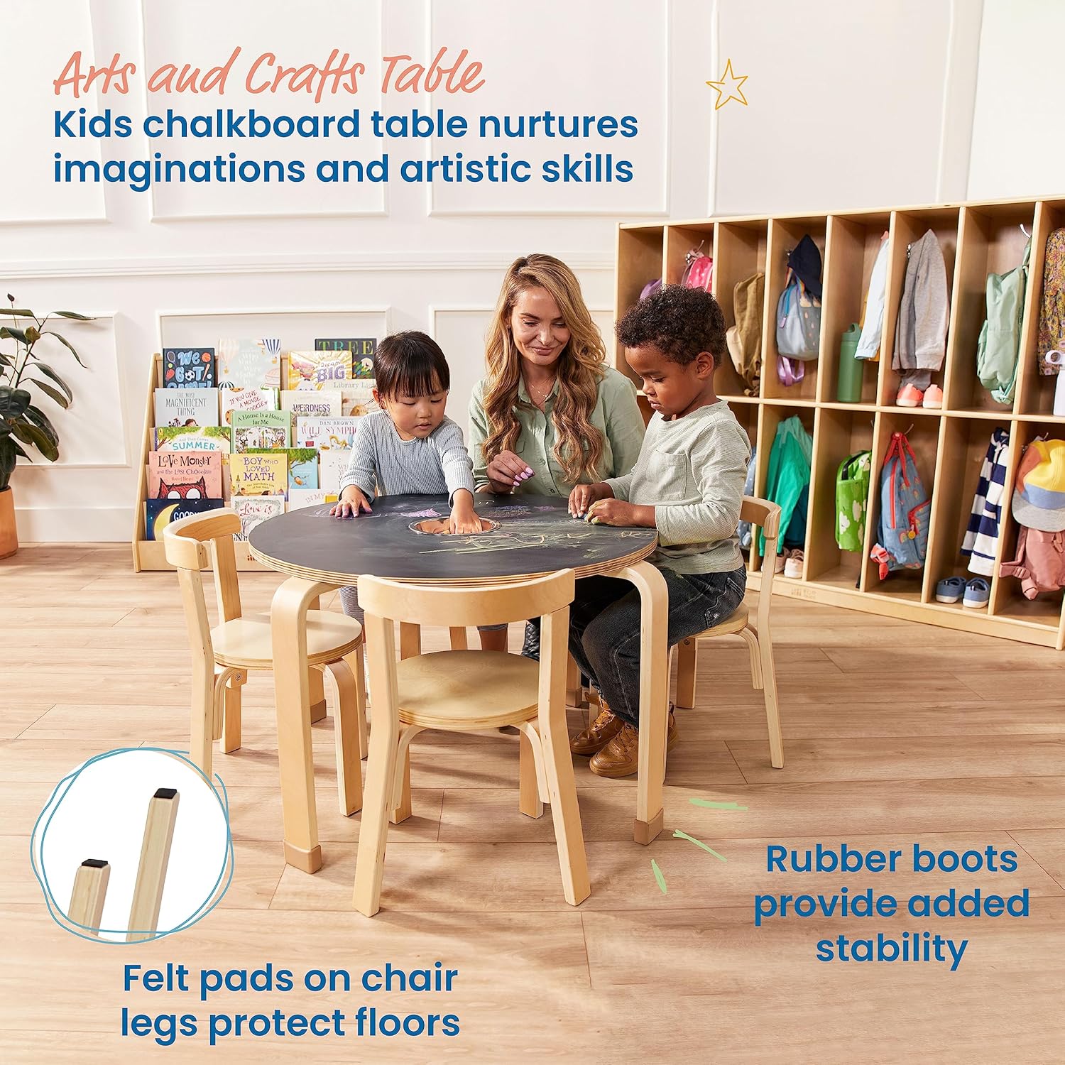 Table and Curved Back Chair Set, Kids Furniture, Natural, 5-Piece