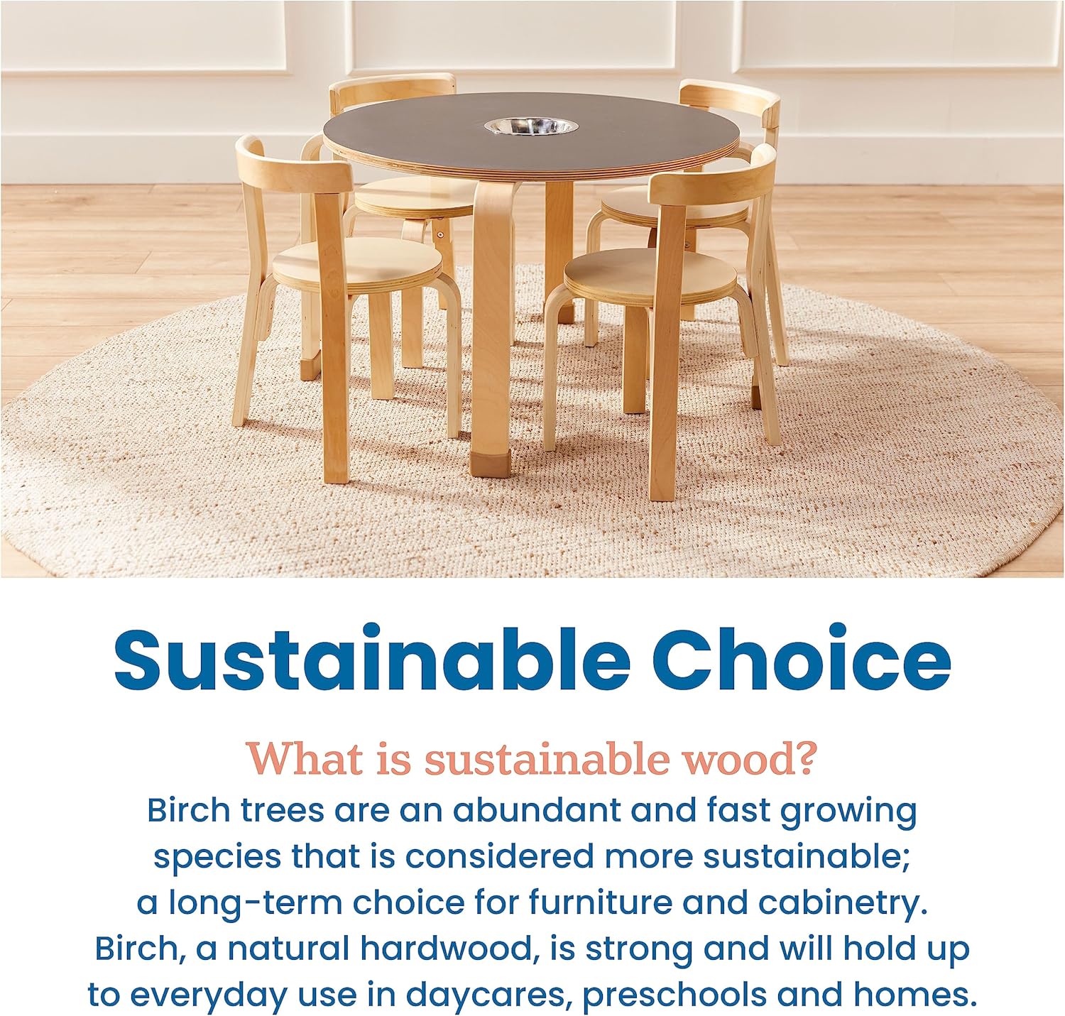 Table and Curved Back Chair Set, Kids Furniture, Natural, 5-Piece