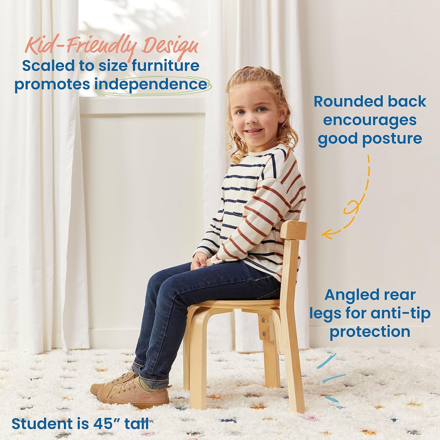 Table and Curved Back Chair Set, Kids Furniture, Natural, 5-Piece