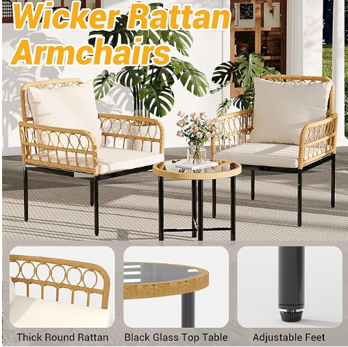 3-Piece All-Weather Wicker Rattan Bistro Patio Furniture Set with Glass Table and Thick Cushions, Beige - Ideal for Balcony, Garden, Backyard, and Poolside Conversation