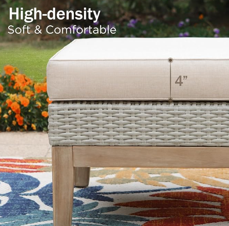  All Weather Wicker Patio Furniture Sets, 5 Pieces Outdoor Natural Rattan Sectional Sofa Conversation Set with Acacia Wood Coffee Table & Waterproof Cushions, 2 Ottomans for Apartment Balcony