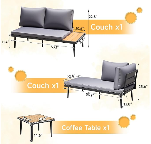  Outdoor Sectional Furniture Patio Sectional Sofa with Acacia Wood Table, Patio L-Shaped Conversation Set with All-Weather Cushion for Patio,Garden,Backyard(Gray)