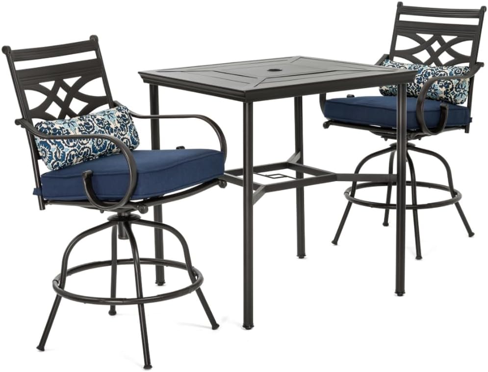 7-Piece Outdoor Dining Set with 6 Swivel Rockers, Ocean Blue Cushions and Stamped Steel Rectangular Dining Table, Patio Dining Set for 6, Premium All-Weather Patio Furniture for Deck