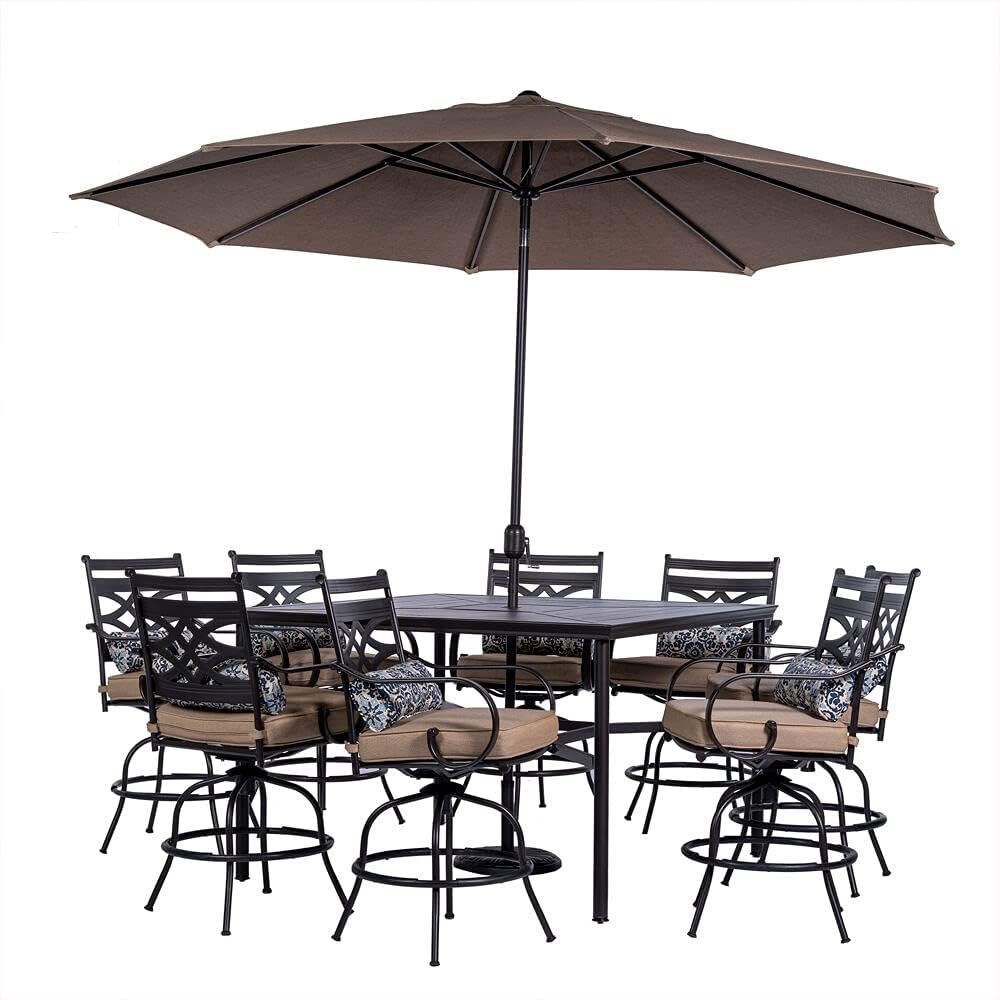  7-Piece Outdoor Dining Set with 6 Swivel Rockers, Ocean Blue Cushions and Stamped Steel Rectangular Dining Table, Patio Dining Set for 6, Premium All-Weather Patio Furniture for Deck