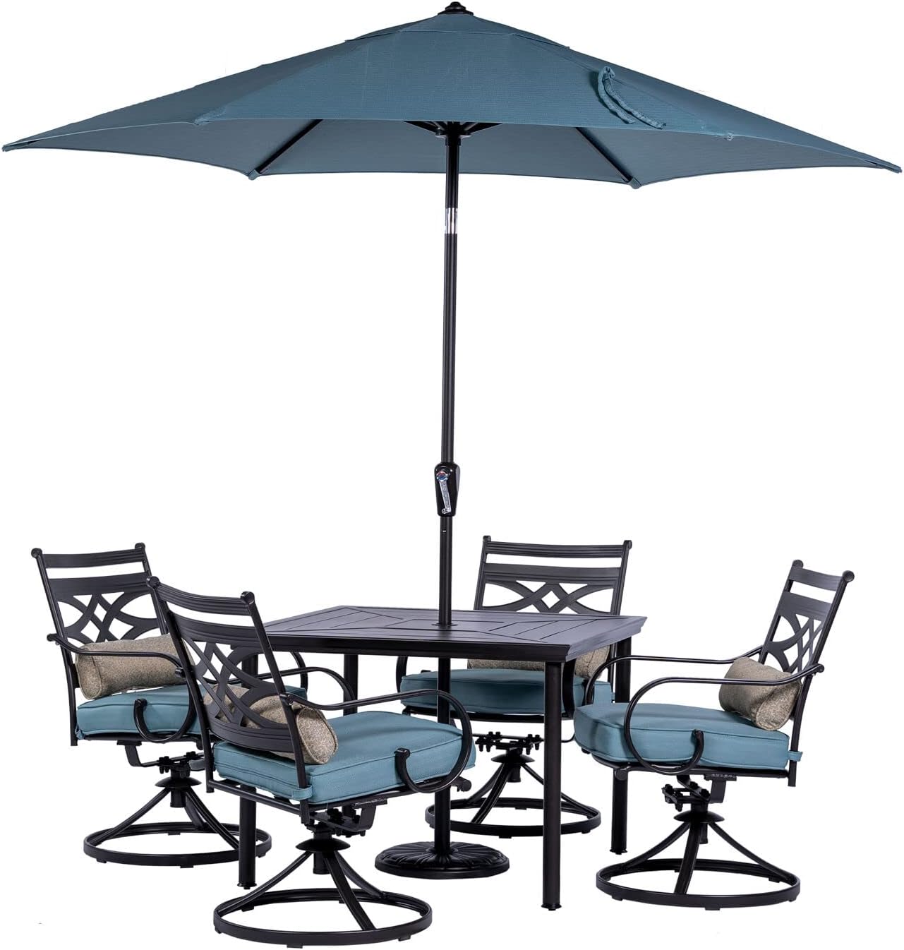  7-Piece Outdoor Dining Set with 6 Swivel Rockers, Ocean Blue Cushions and Stamped Steel Rectangular Dining Table, Patio Dining Set for 6, Premium All-Weather Patio Furniture for Deck