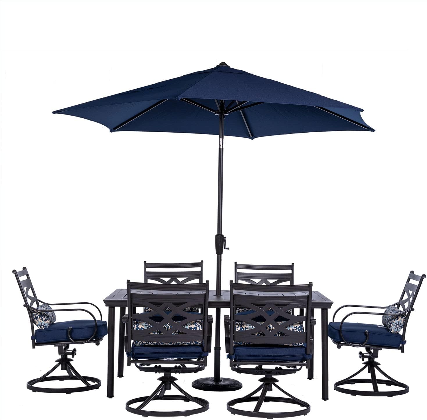  7-Piece Outdoor Dining Set with 6 Swivel Rockers, Ocean Blue Cushions and Stamped Steel Rectangular Dining Table, Patio Dining Set for 6, Premium All-Weather Patio Furniture for Deck