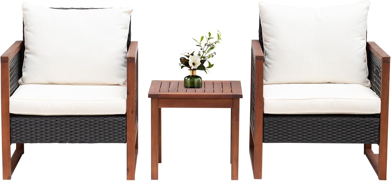  3-Piece Outdoor Patio Furniture Set Modern Rattan Bistro Conversation Set with Acacia Wood Frame, Coffee Table, and Water-Resistant Cushions for Balcony, Garden, or Backyard (Khaki)