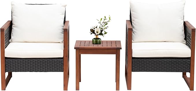  3-Piece Outdoor Patio Furniture Set Modern Rattan Bistro Conversation Set with Acacia Wood Frame, Coffee Table, and Water-Resistant Cushions for Balcony, Garden, or Backyard (Khaki)