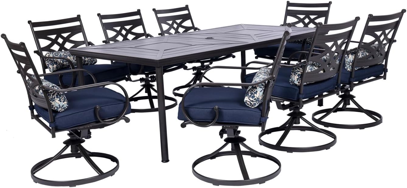  7-Piece Outdoor Dining Set with 6 Swivel Rockers, Ocean Blue Cushions and Stamped Steel Rectangular Dining Table, Patio Dining Set for 6, Premium All-Weather Patio Furniture for Deck