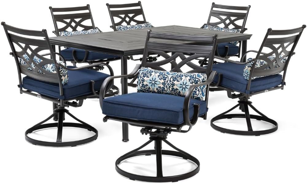  7-Piece Outdoor Dining Set with 6 Swivel Rockers, Ocean Blue Cushions and Stamped Steel Rectangular Dining Table, Patio Dining Set for 6, Premium All-Weather Patio Furniture for Deck