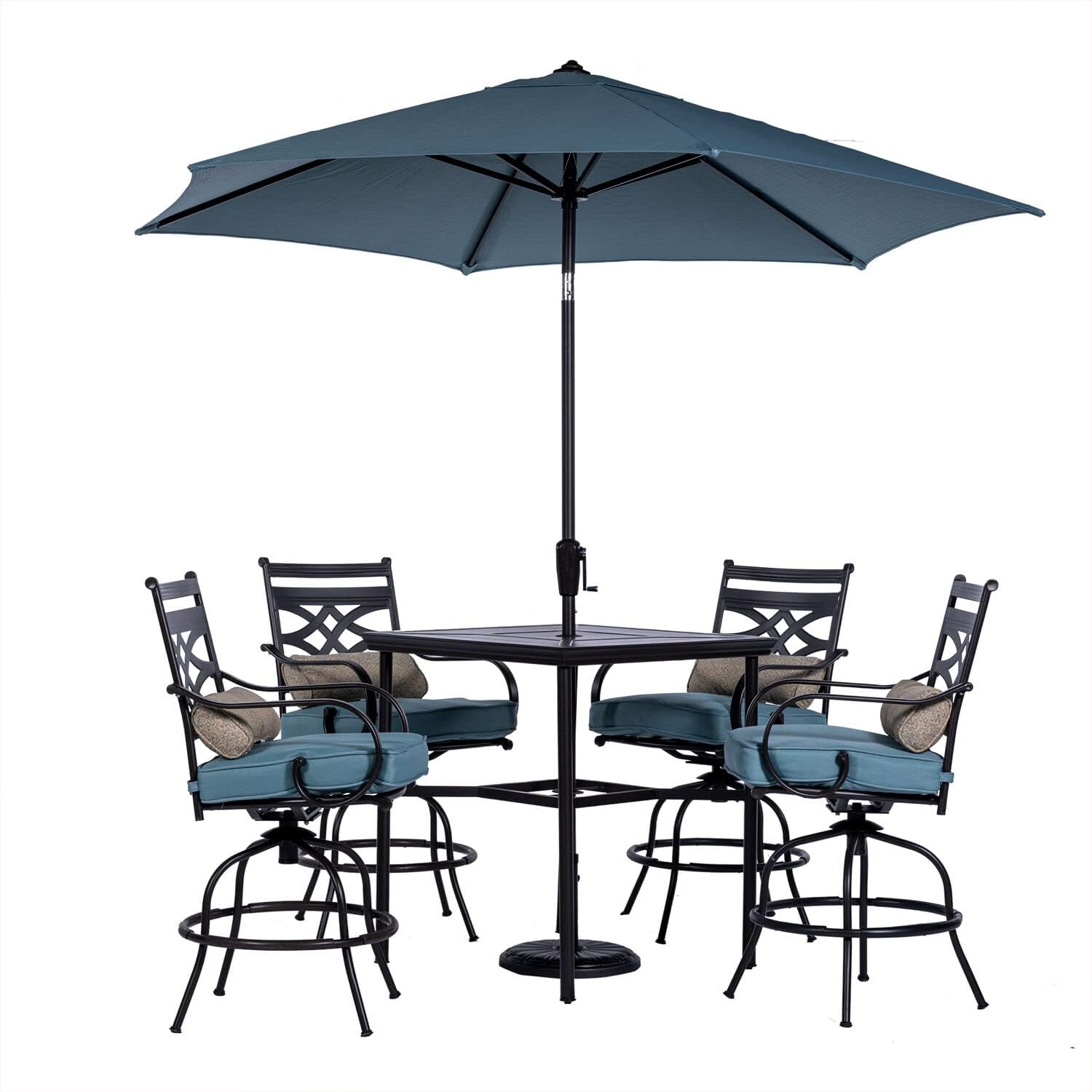  7-Piece Outdoor Dining Set with 6 Swivel Rockers, Ocean Blue Cushions and Stamped Steel Rectangular Dining Table, Patio Dining Set for 6, Premium All-Weather Patio Furniture for Deck