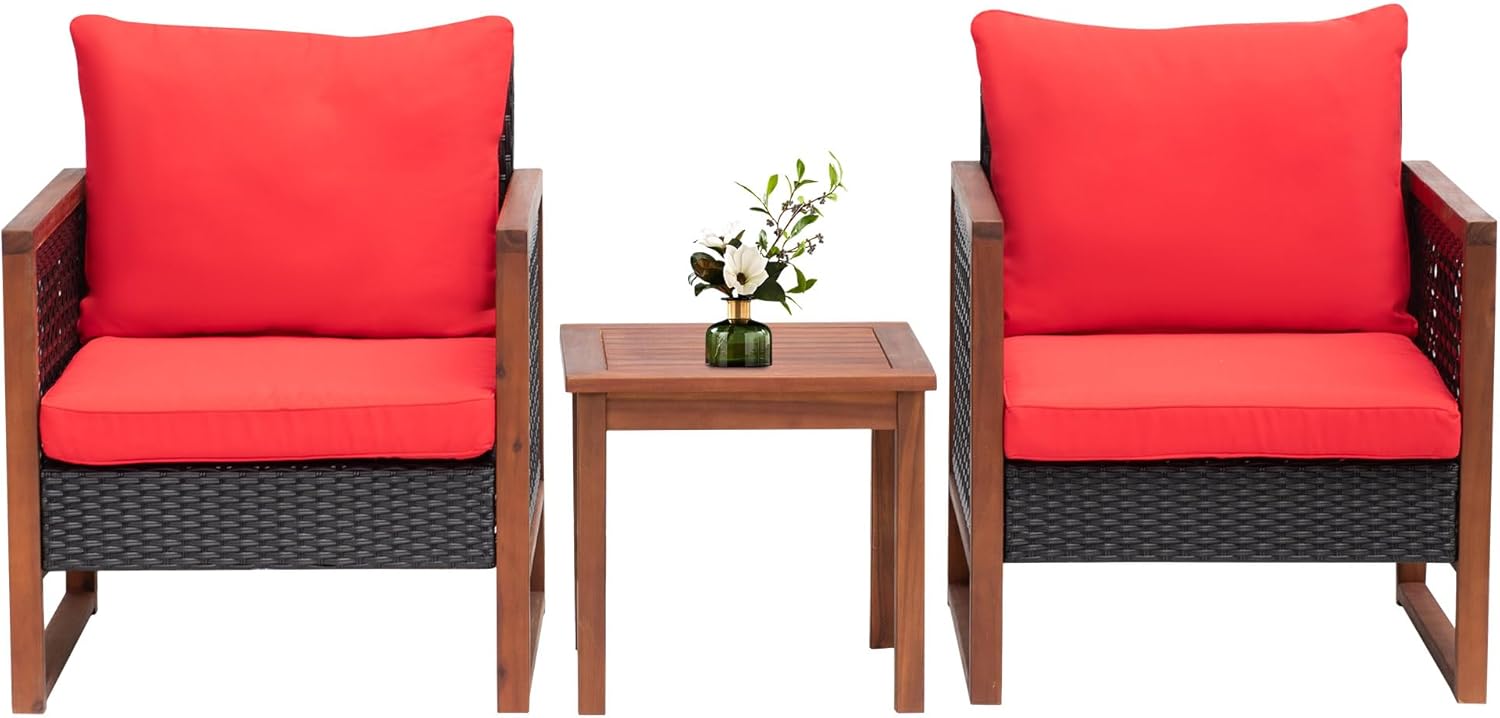  3-Piece Outdoor Patio Furniture Set Modern Rattan Bistro Conversation Set with Acacia Wood Frame, Coffee Table, and Water-Resistant Cushions for Balcony, Garden, or Backyard (Khaki)