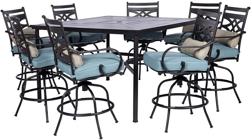  7-Piece Outdoor Dining Set with 6 Swivel Rockers, Ocean Blue Cushions and Stamped Steel Rectangular Dining Table, Patio Dining Set for 6, Premium All-Weather Patio Furniture for Deck