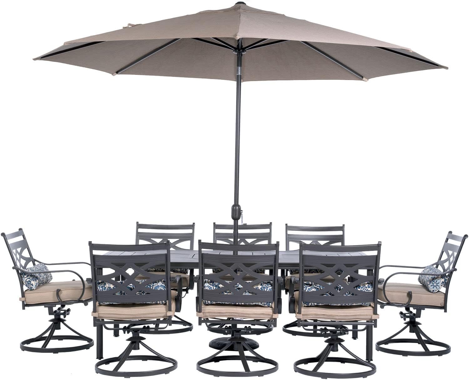  7-Piece Outdoor Dining Set with 6 Swivel Rockers, Ocean Blue Cushions and Stamped Steel Rectangular Dining Table, Patio Dining Set for 6, Premium All-Weather Patio Furniture for Deck
