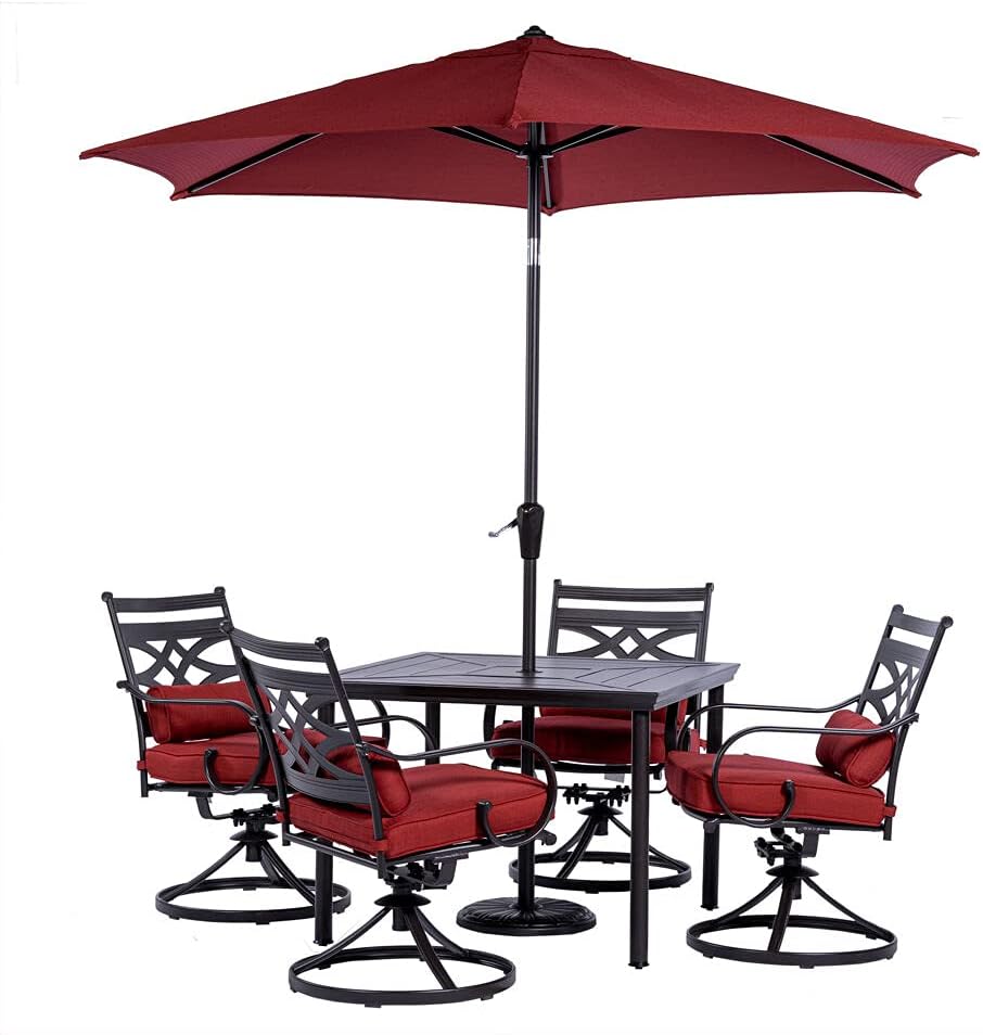  7-Piece Outdoor Dining Set with 6 Swivel Rockers, Ocean Blue Cushions and Stamped Steel Rectangular Dining Table, Patio Dining Set for 6, Premium All-Weather Patio Furniture for Deck