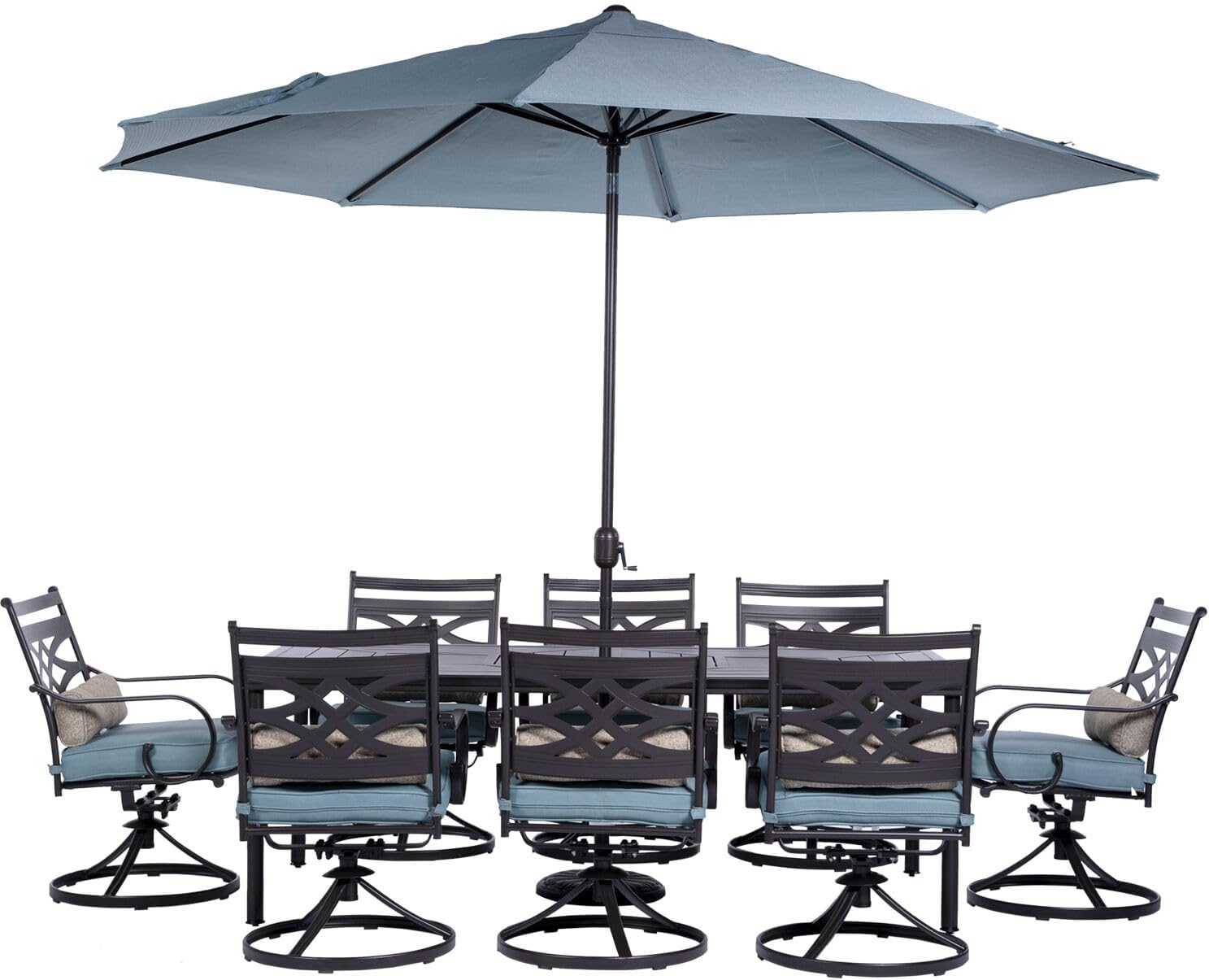  7-Piece Outdoor Dining Set with 6 Swivel Rockers, Ocean Blue Cushions and Stamped Steel Rectangular Dining Table, Patio Dining Set for 6, Premium All-Weather Patio Furniture for Deck