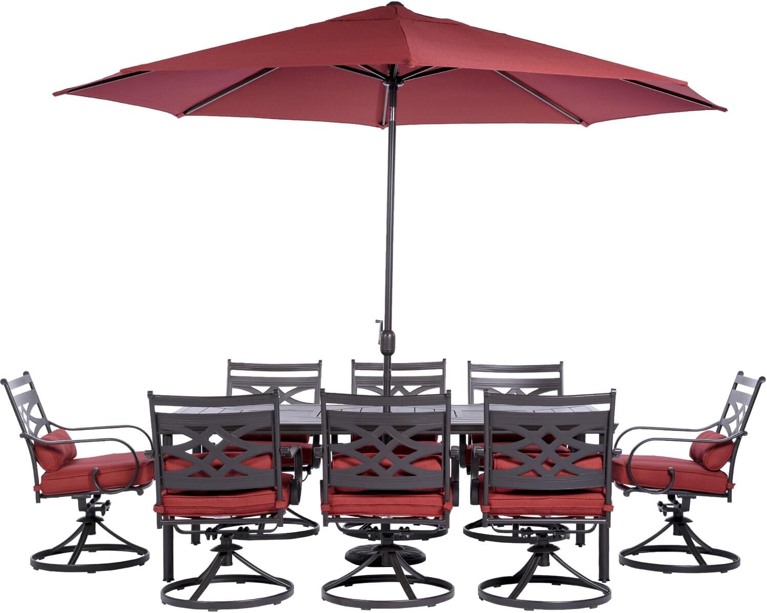  7-Piece Outdoor Dining Set with 6 Swivel Rockers, Ocean Blue Cushions and Stamped Steel Rectangular Dining Table, Patio Dining Set for 6, Premium All-Weather Patio Furniture for Deck