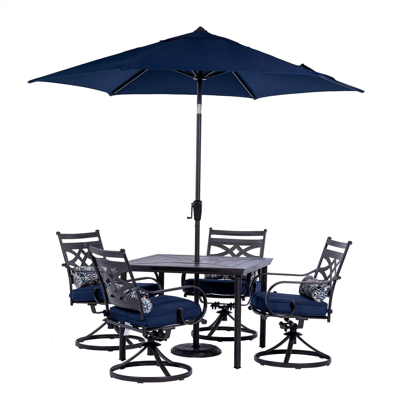  7-Piece Outdoor Dining Set with 6 Swivel Rockers, Ocean Blue Cushions and Stamped Steel Rectangular Dining Table, Patio Dining Set for 6, Premium All-Weather Patio Furniture for Deck