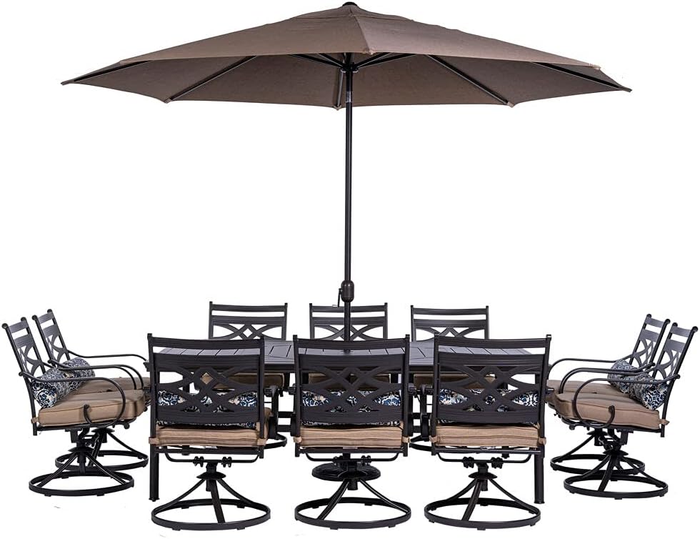  7-Piece Outdoor Dining Set with 6 Swivel Rockers, Ocean Blue Cushions and Stamped Steel Rectangular Dining Table, Patio Dining Set for 6, Premium All-Weather Patio Furniture for Deck