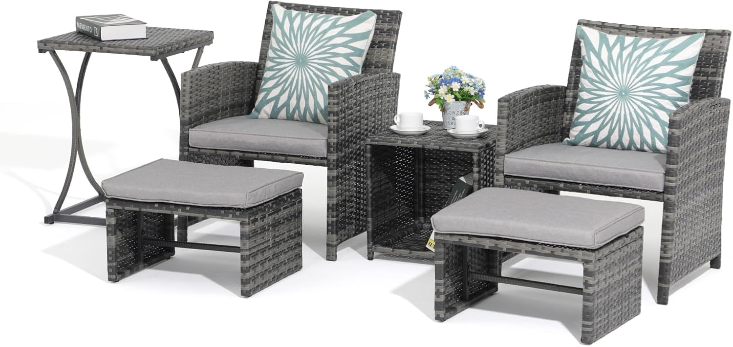  Orange-Casual 6 Piece Patio Furniture Conversation Set with Ottoman, Outdoor Grey Wicker Chair and Table Set, Balcony Furniture for Apartments, Light Grey
