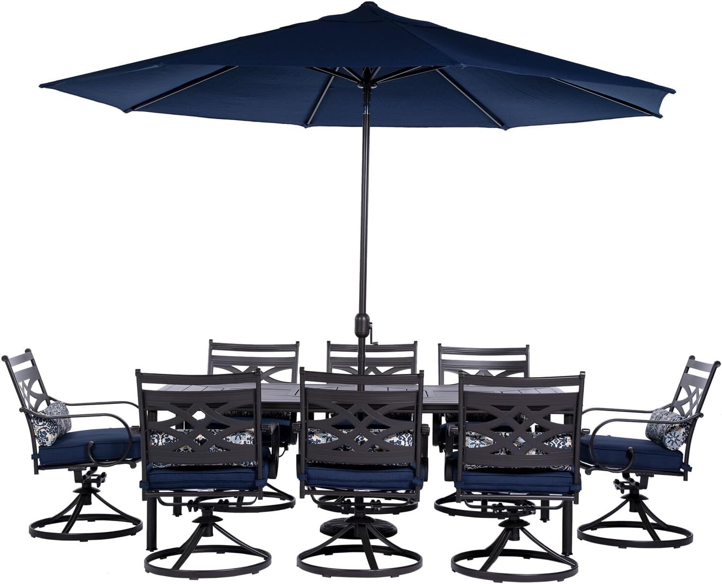  7-Piece Outdoor Dining Set with 6 Swivel Rockers, Ocean Blue Cushions and Stamped Steel Rectangular Dining Table, Patio Dining Set for 6, Premium All-Weather Patio Furniture for Deck