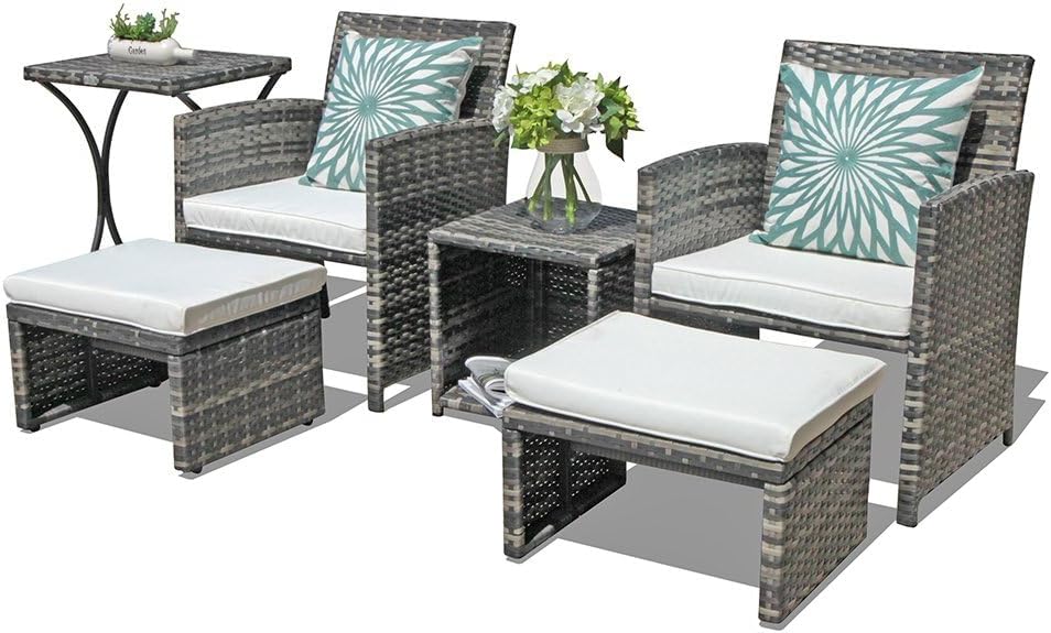  Orange-Casual 6 Piece Patio Furniture Conversation Set with Ottoman, Outdoor Grey Wicker Chair and Table Set, Balcony Furniture for Apartments, Light Grey