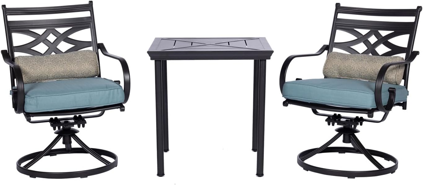  7-Piece Outdoor Dining Set with 6 Swivel Rockers, Ocean Blue Cushions and Stamped Steel Rectangular Dining Table, Patio Dining Set for 6, Premium All-Weather Patio Furniture for Deck