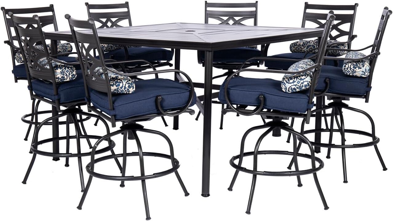  7-Piece Outdoor Dining Set with 6 Swivel Rockers, Ocean Blue Cushions and Stamped Steel Rectangular Dining Table, Patio Dining Set for 6, Premium All-Weather Patio Furniture for Deck