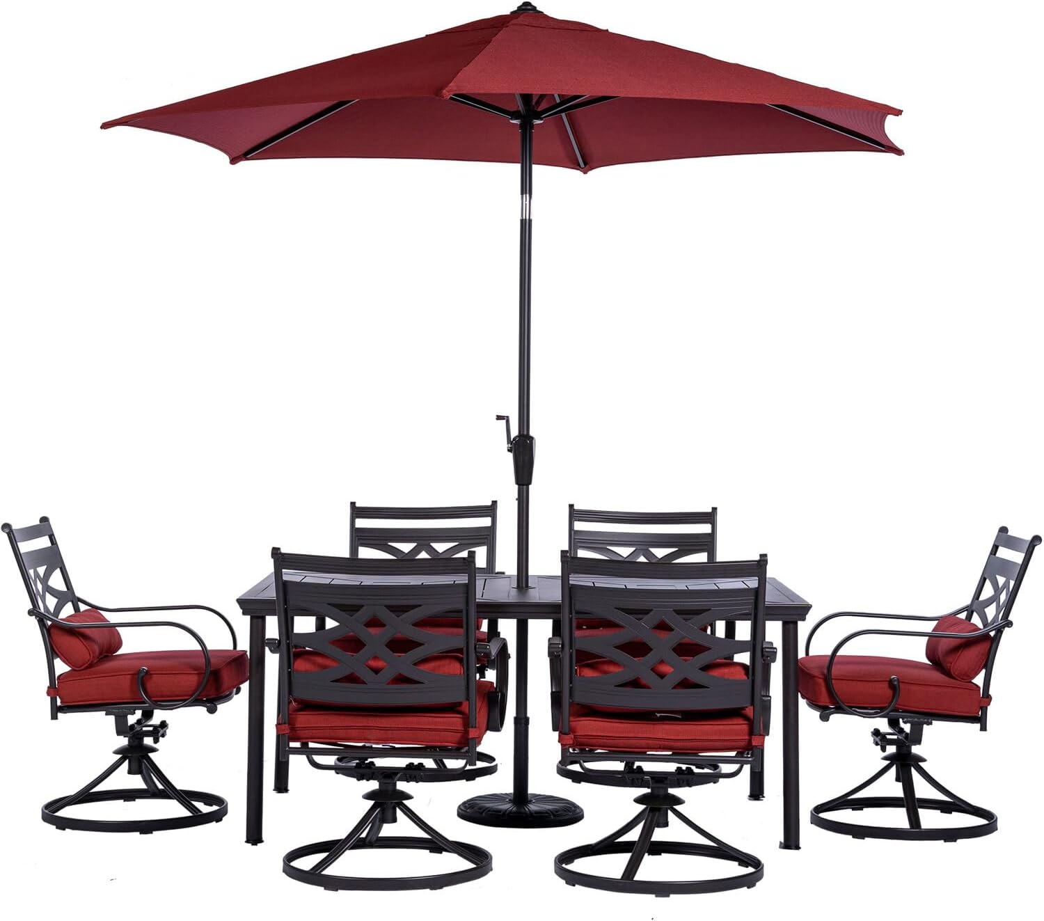  7-Piece Outdoor Dining Set with 6 Swivel Rockers, Ocean Blue Cushions and Stamped Steel Rectangular Dining Table, Patio Dining Set for 6, Premium All-Weather Patio Furniture for Deck