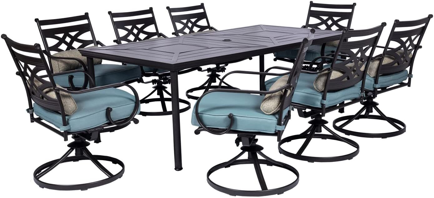  7-Piece Outdoor Dining Set with 6 Swivel Rockers, Ocean Blue Cushions and Stamped Steel Rectangular Dining Table, Patio Dining Set for 6, Premium All-Weather Patio Furniture for Deck