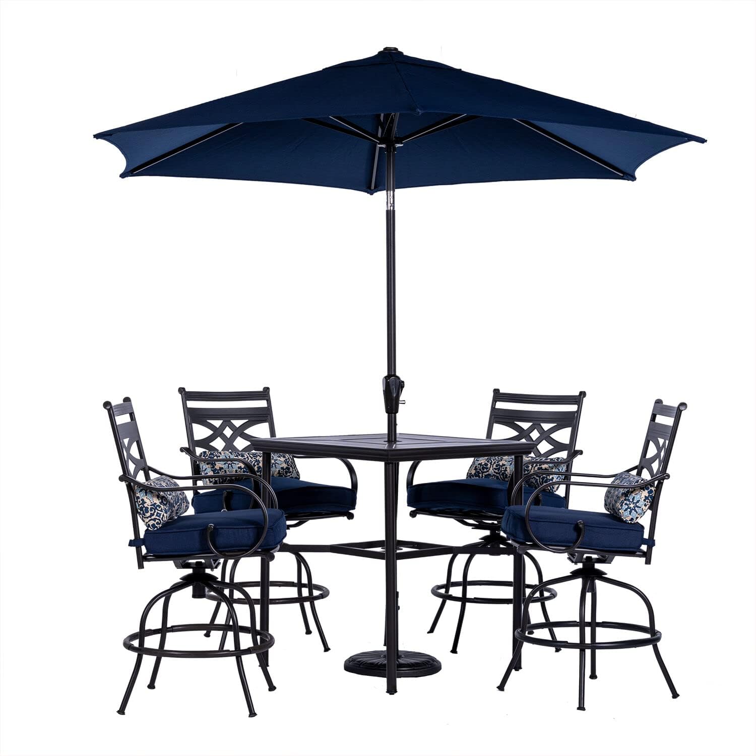  7-Piece Outdoor Dining Set with 6 Swivel Rockers, Ocean Blue Cushions and Stamped Steel Rectangular Dining Table, Patio Dining Set for 6, Premium All-Weather Patio Furniture for Deck
