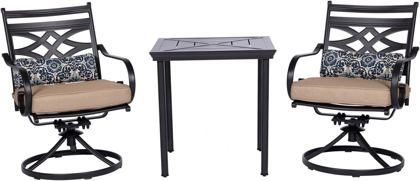  7-Piece Outdoor Dining Set with 6 Swivel Rockers, Ocean Blue Cushions and Stamped Steel Rectangular Dining Table, Patio Dining Set for 6, Premium All-Weather Patio Furniture for Deck