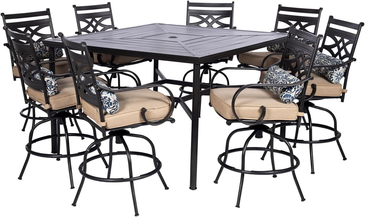  7-Piece Outdoor Dining Set with 6 Swivel Rockers, Ocean Blue Cushions and Stamped Steel Rectangular Dining Table, Patio Dining Set for 6, Premium All-Weather Patio Furniture for Deck
