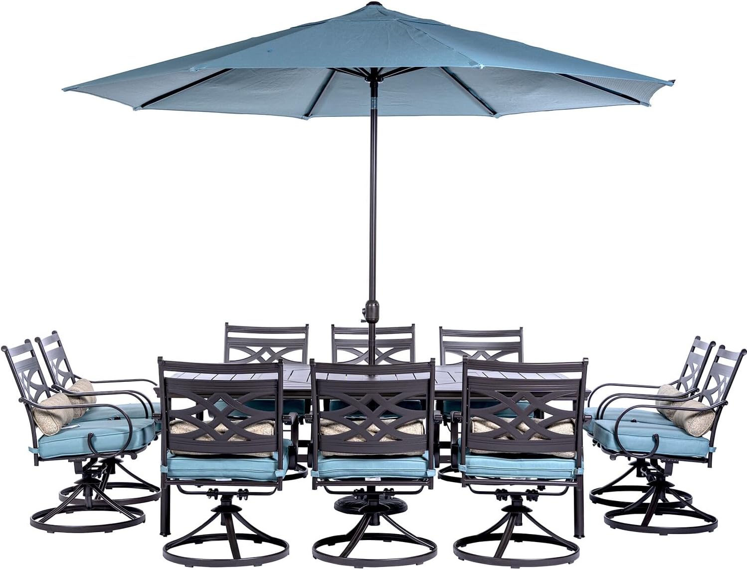  7-Piece Outdoor Dining Set with 6 Swivel Rockers, Ocean Blue Cushions and Stamped Steel Rectangular Dining Table, Patio Dining Set for 6, Premium All-Weather Patio Furniture for Deck