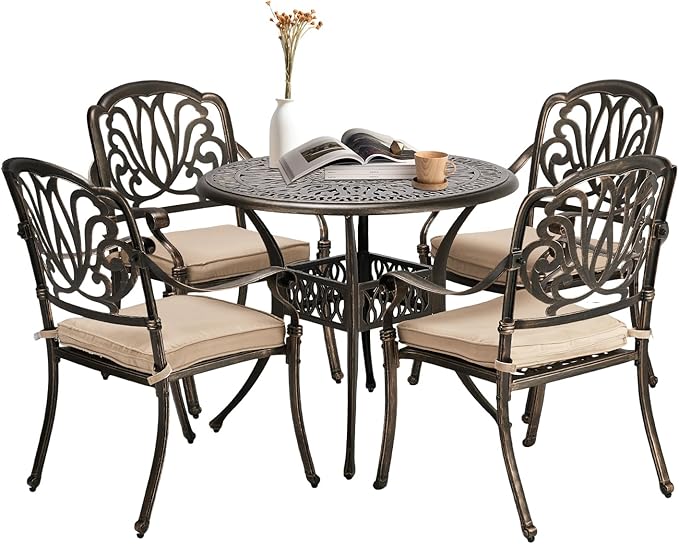  5-Piece Outdoor Patio Dining Set, Cast Aluminum All-Weather Outdoor Table and Chairs w/Cushion, Outdoor Furniture Set w/Umbrella Hole for Backyard Deck Poolside (Round, Elizabeth Back)