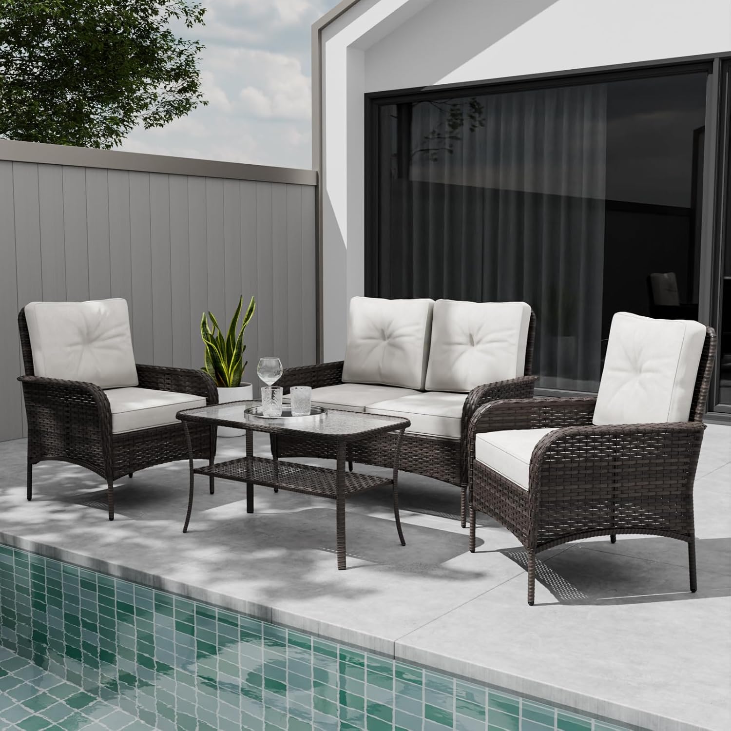 Patio Furniture Set, Wicker Outdoor Furniture, Patio Conversation Sets, 2 Rocking Chairs, Loveseat, Coffee Table and Side Table, 5 Pieces, Gray/Beige