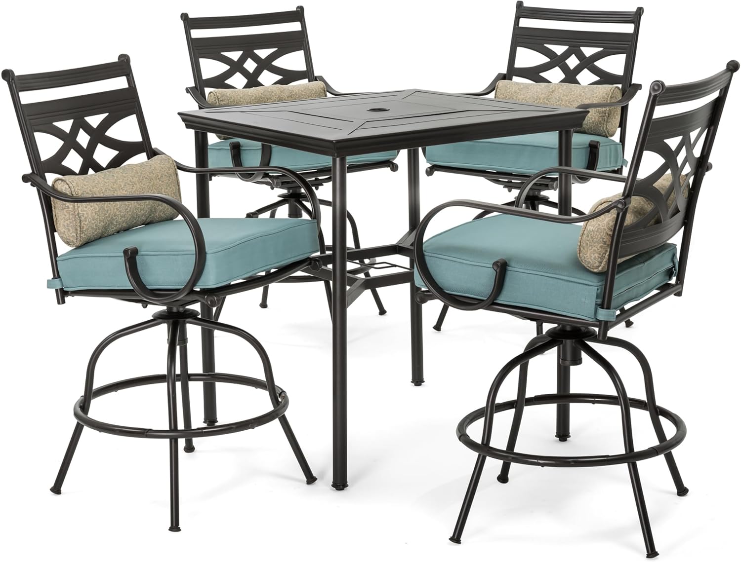  7-Piece Outdoor Dining Set with 6 Swivel Rockers, Ocean Blue Cushions and Stamped Steel Rectangular Dining Table, Patio Dining Set for 6, Premium All-Weather Patio Furniture for Deck