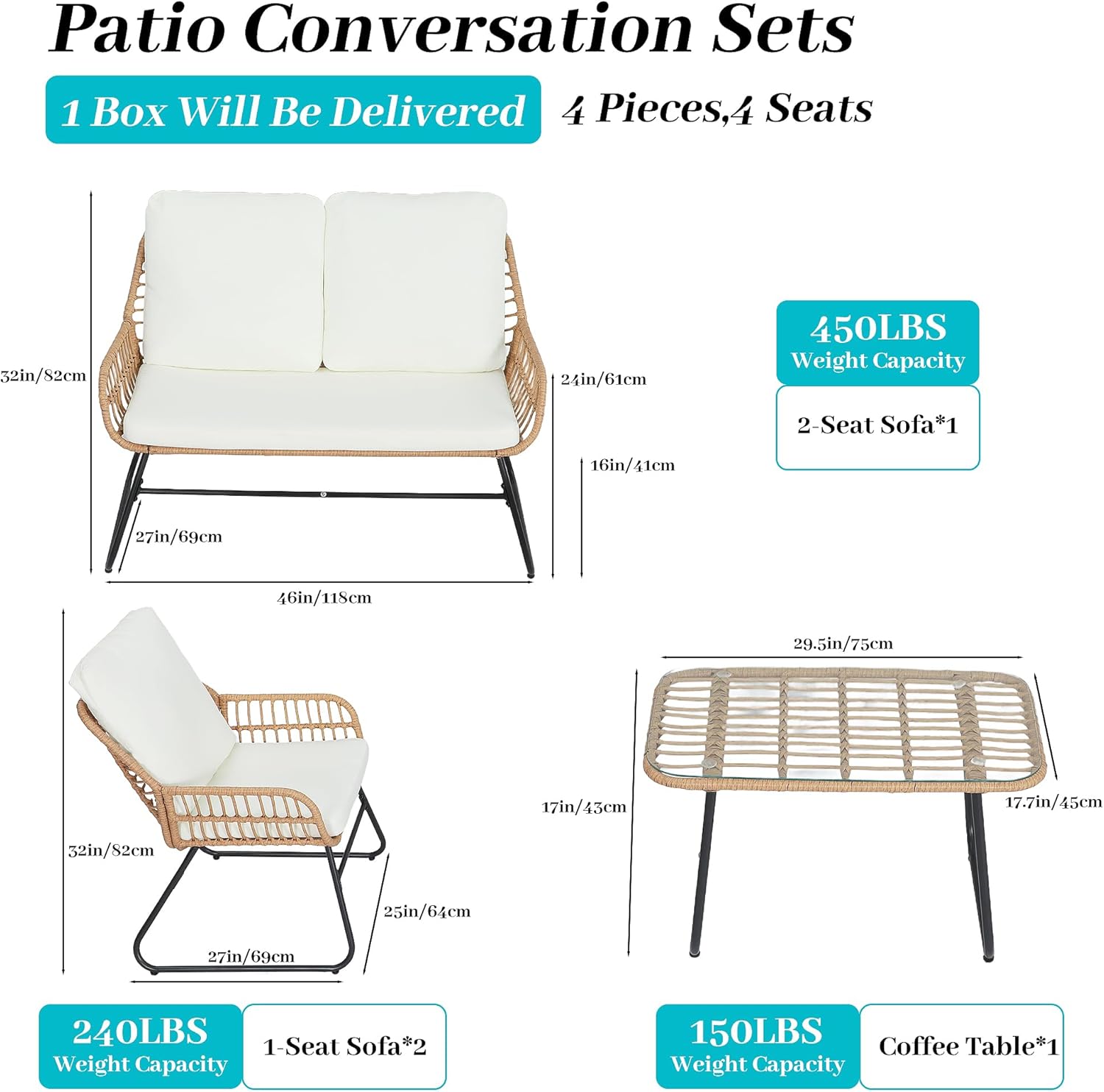  4 Pieces Outdoor Patio Furniture Set,Patio Conversation Set,Rattan Wicker Bistro Sets with Loveseat Chairs and Modern Coffee Table for Backyard Deck Balcony and Garden Lounge Spaces - Beige