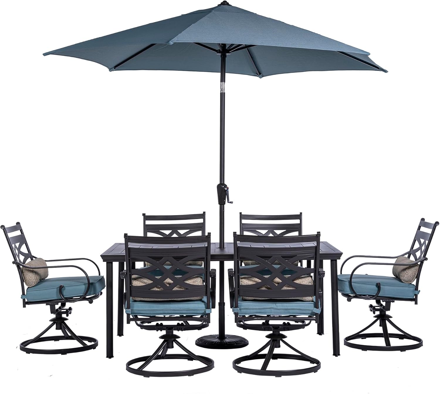  7-Piece Outdoor Dining Set with 6 Swivel Rockers, Ocean Blue Cushions and Stamped Steel Rectangular Dining Table, Patio Dining Set for 6, Premium All-Weather Patio Furniture for Deck