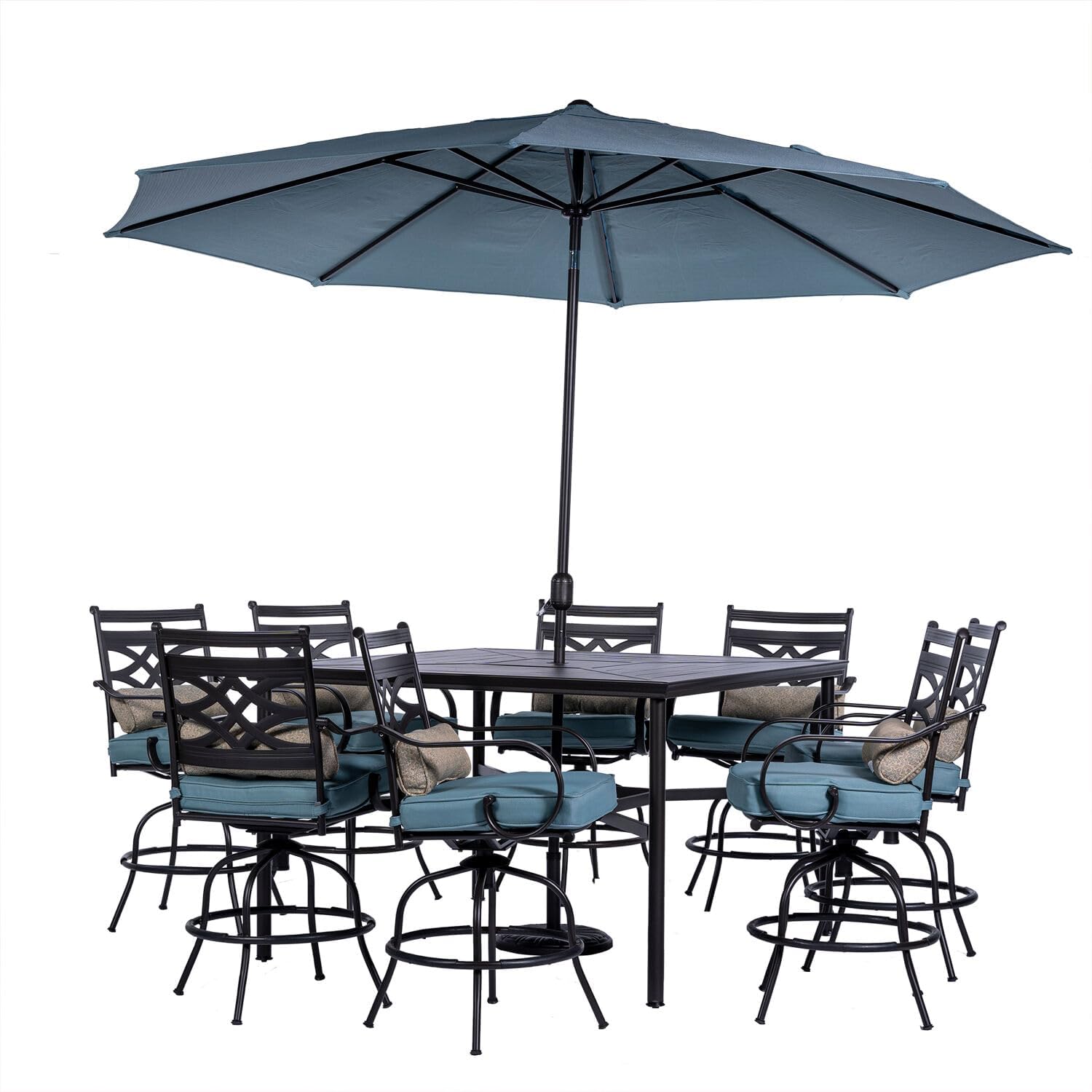  7-Piece Outdoor Dining Set with 6 Swivel Rockers, Ocean Blue Cushions and Stamped Steel Rectangular Dining Table, Patio Dining Set for 6, Premium All-Weather Patio Furniture for Deck